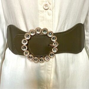 Olive green PU leather circle buckle rhinestone details elastic waistband belt